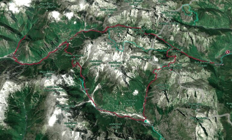 Satellite map of the Accursed Mountains circuit linking Valbona, Vusanje and Theth