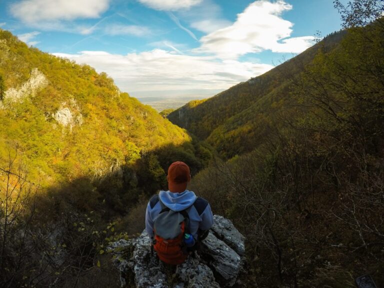 A hiker overlooking the wooded Lybeniq Canyon in autumn sunlight under a partly cloudy sky