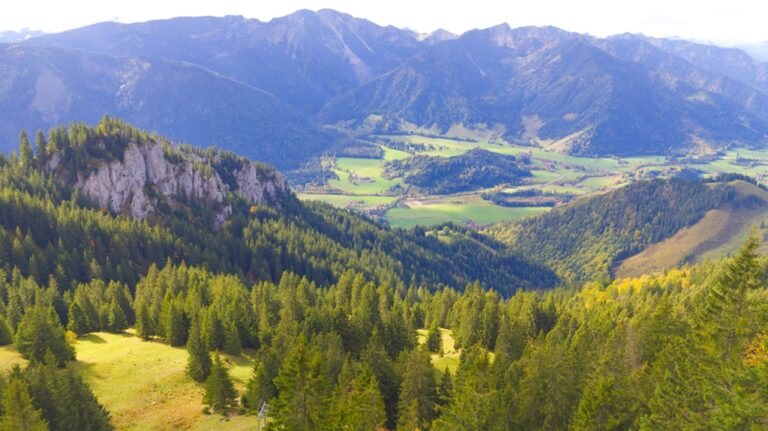 Forested slopes and a rocky ridge overlook green valleys and mountain ranges around Wendelstein