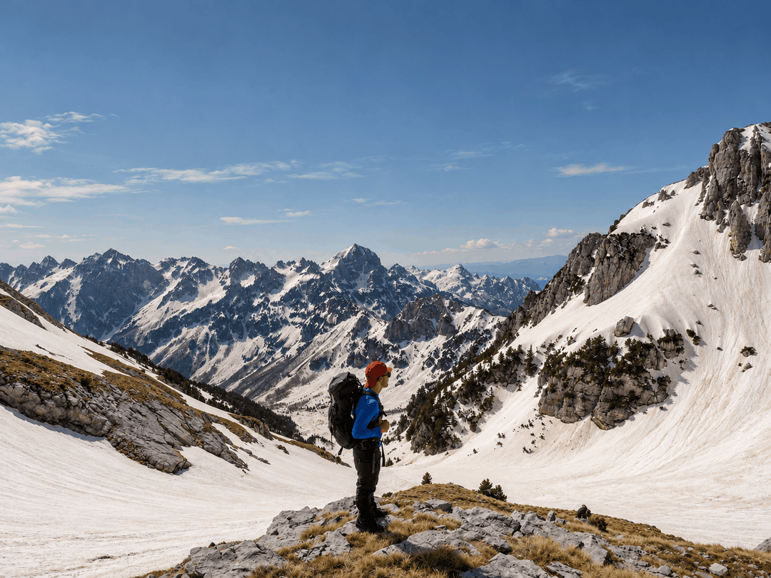 A hiker continues toward Maja e Poplukës through a snowy mountain pass in Albania under a clear blue sky